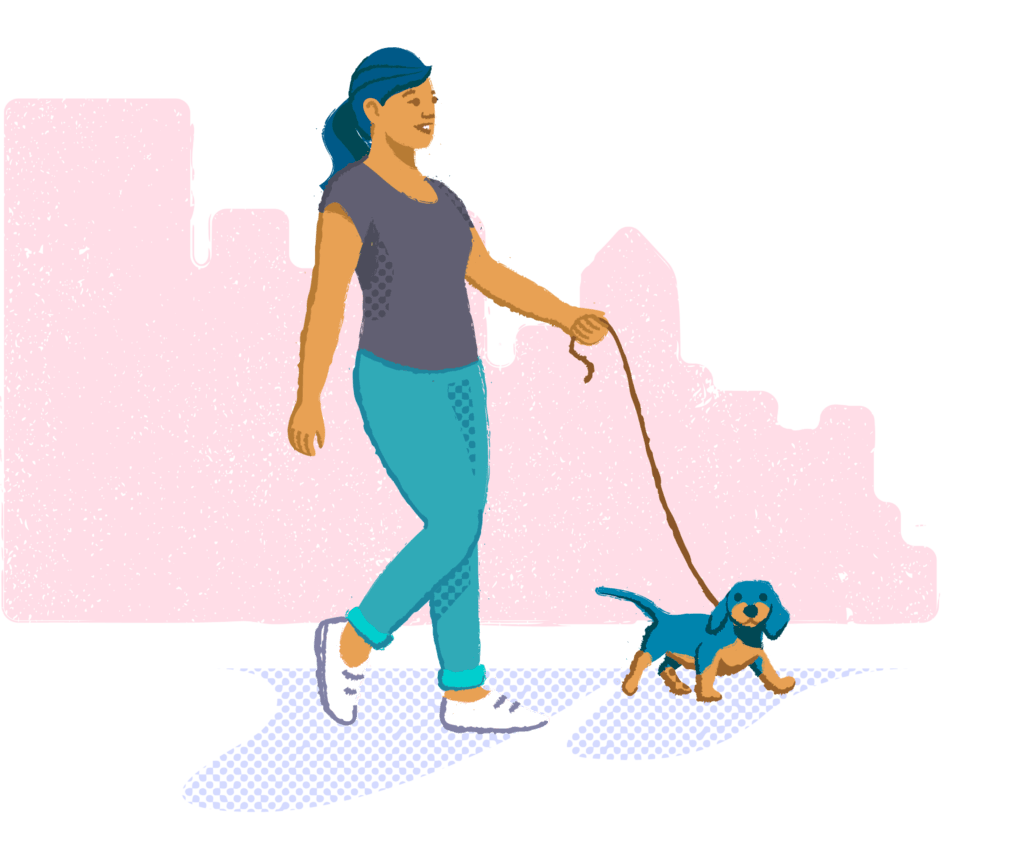 Illustration showing woman walking dog due to less hold time