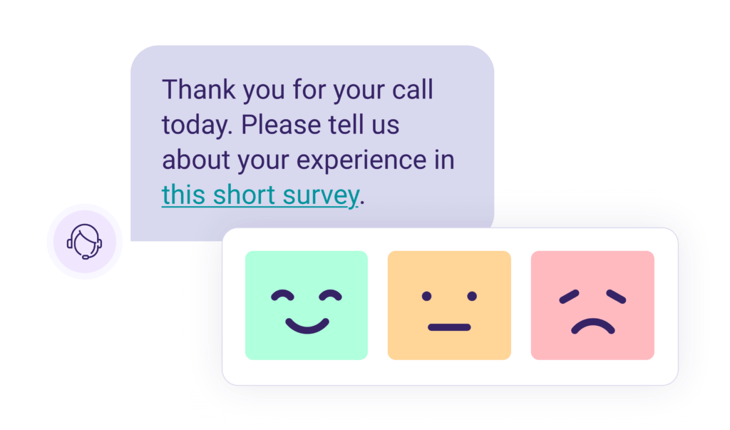 Survey text notification that says: "Thank you for your call today. Please tell us about your experience in a short survey," with options for happy, okay, and sad.