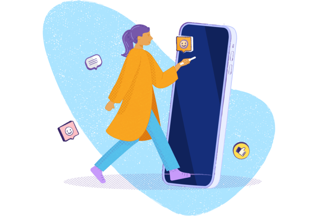 Image of a woman walking into a large phone