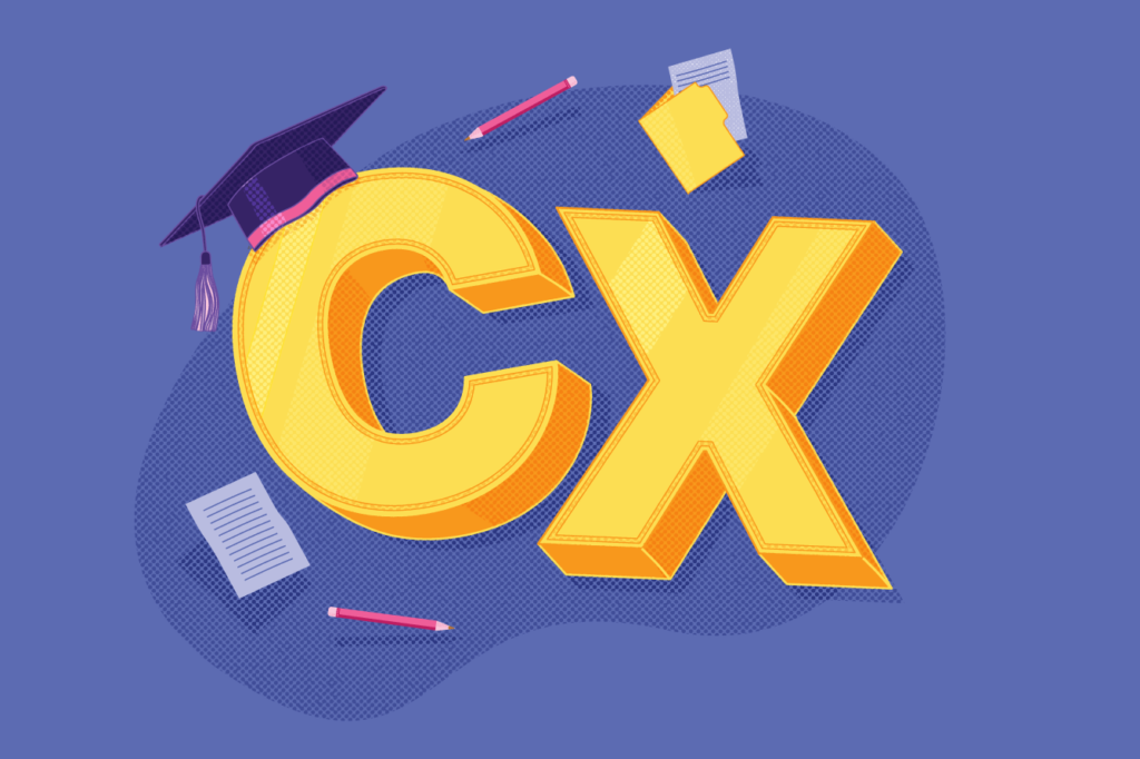 "CX" with a graduation cap and notes illustrated on it