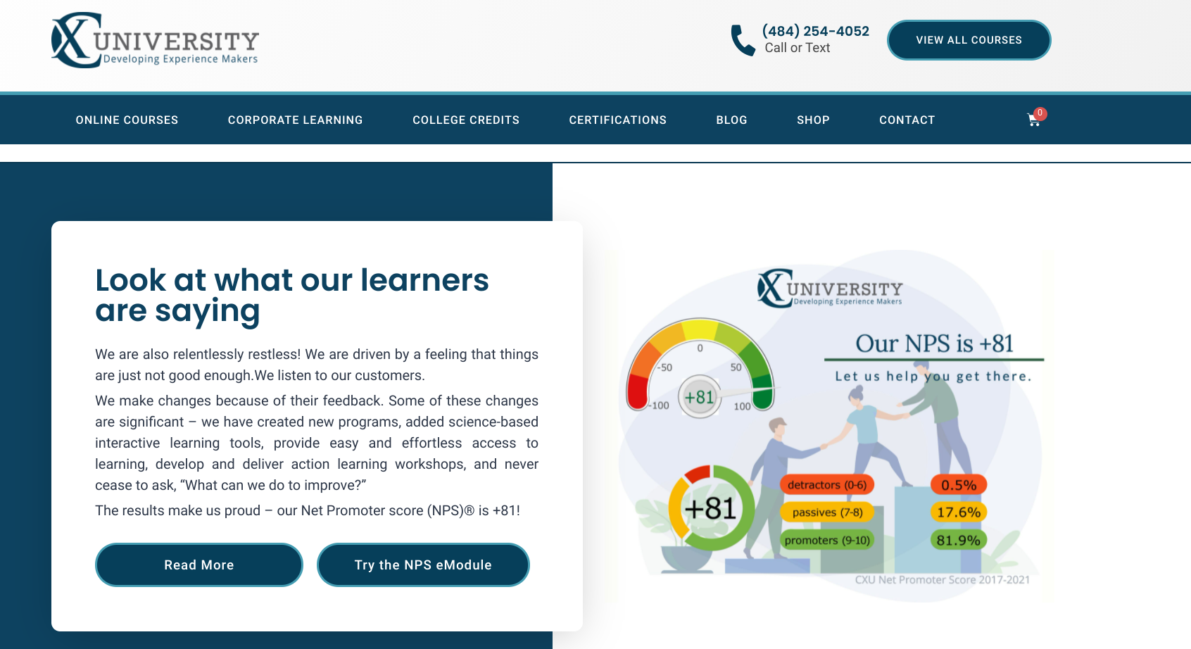 Screenshot of CX University's homepage