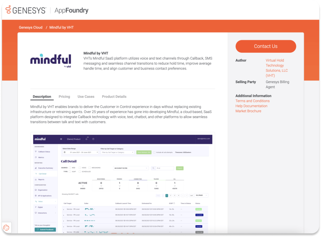 The Mindful listing on the Genesys AppFoundry