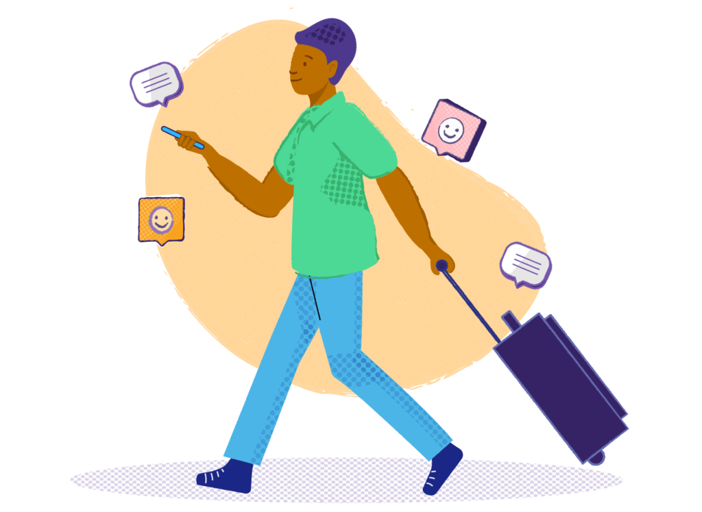 Man walking with a suitcase and a phone.