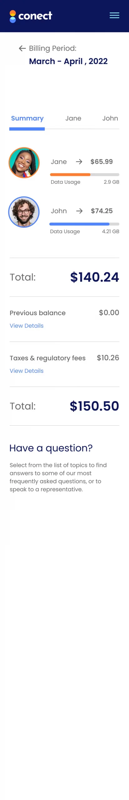 Mobile Phone Billing Overview Web Page