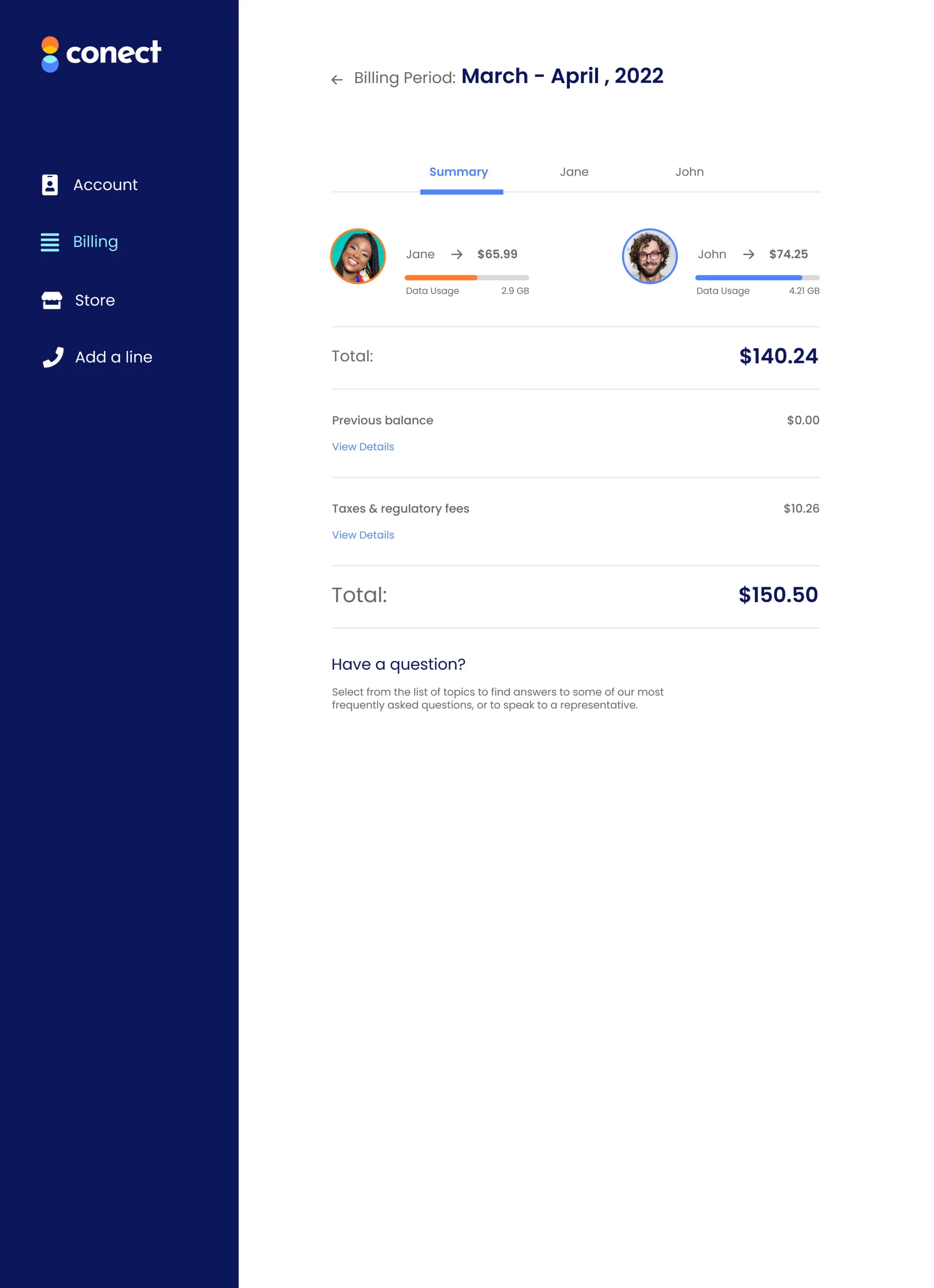 Mobile Phone Billing Overview Web Page