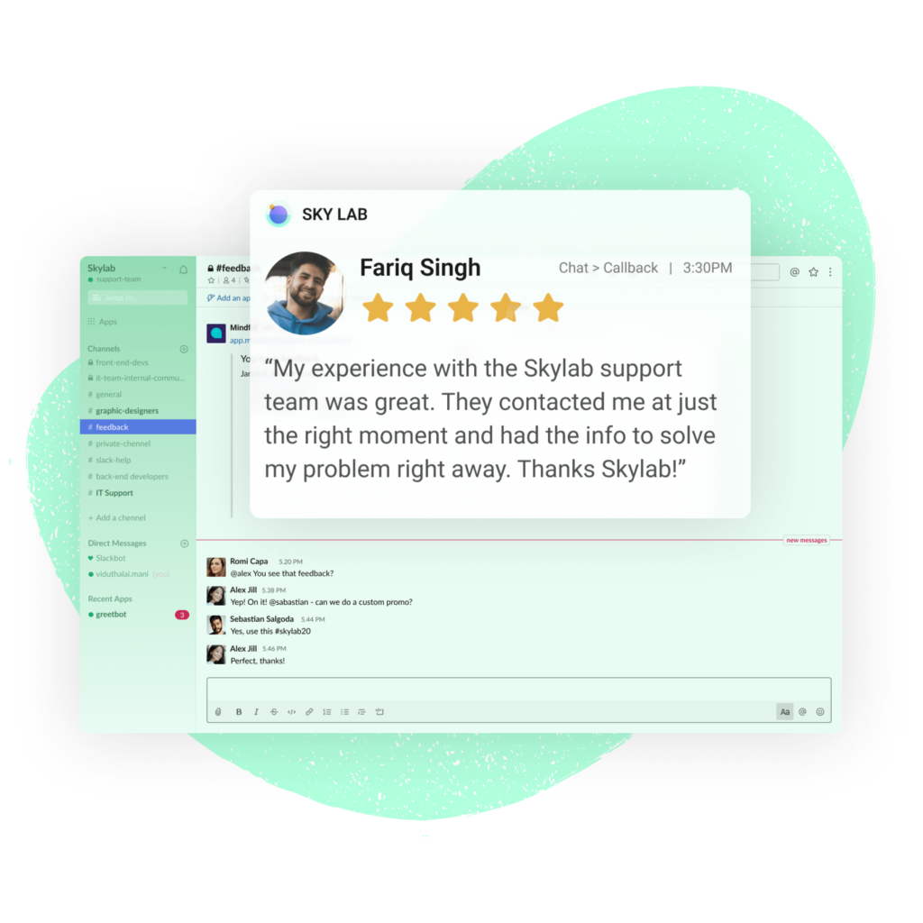 Image of customer review in front of Slack app screen.