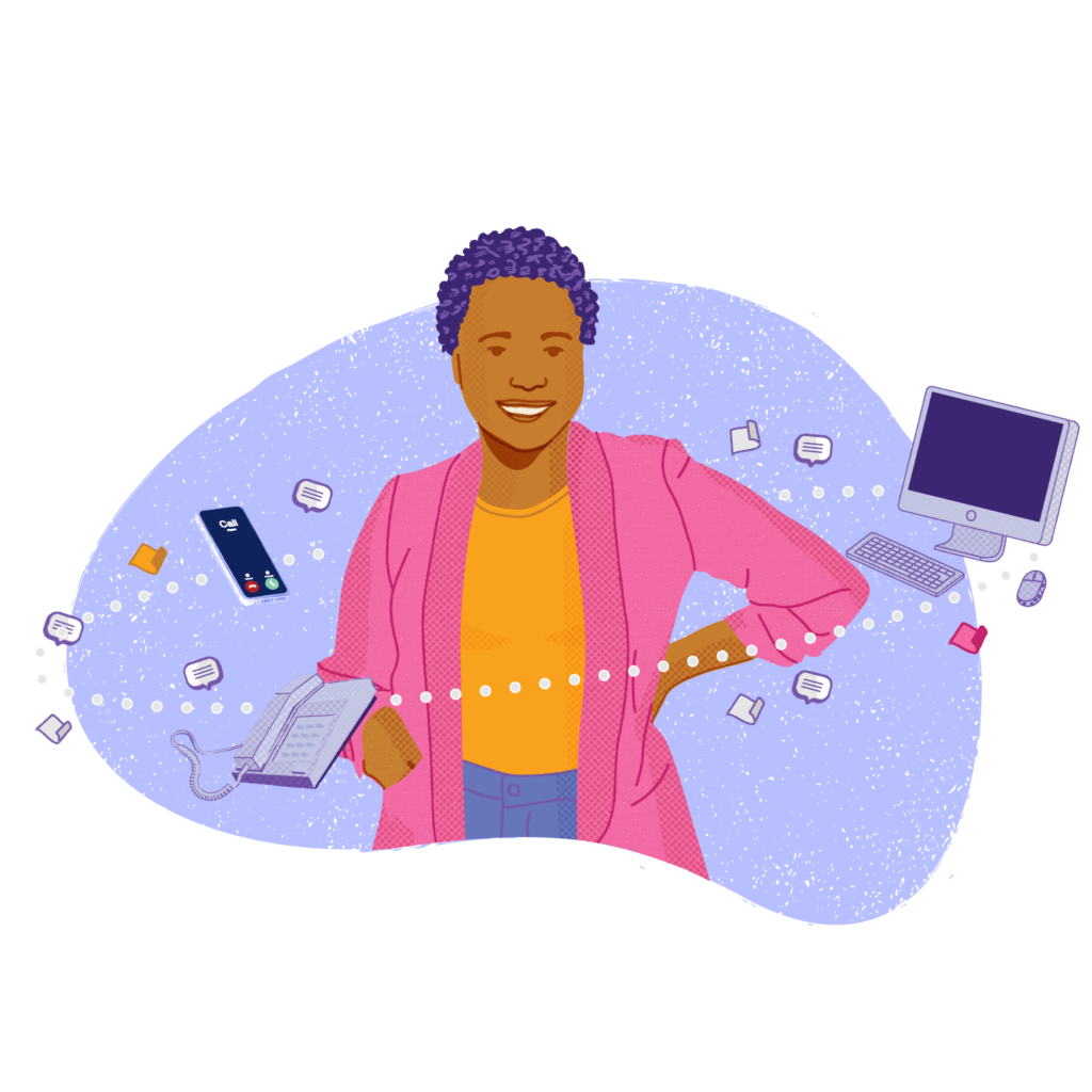 Image of a happy woman with communication devices around her.