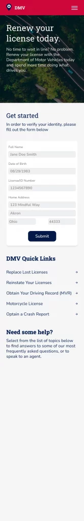 DMV License renewal web page