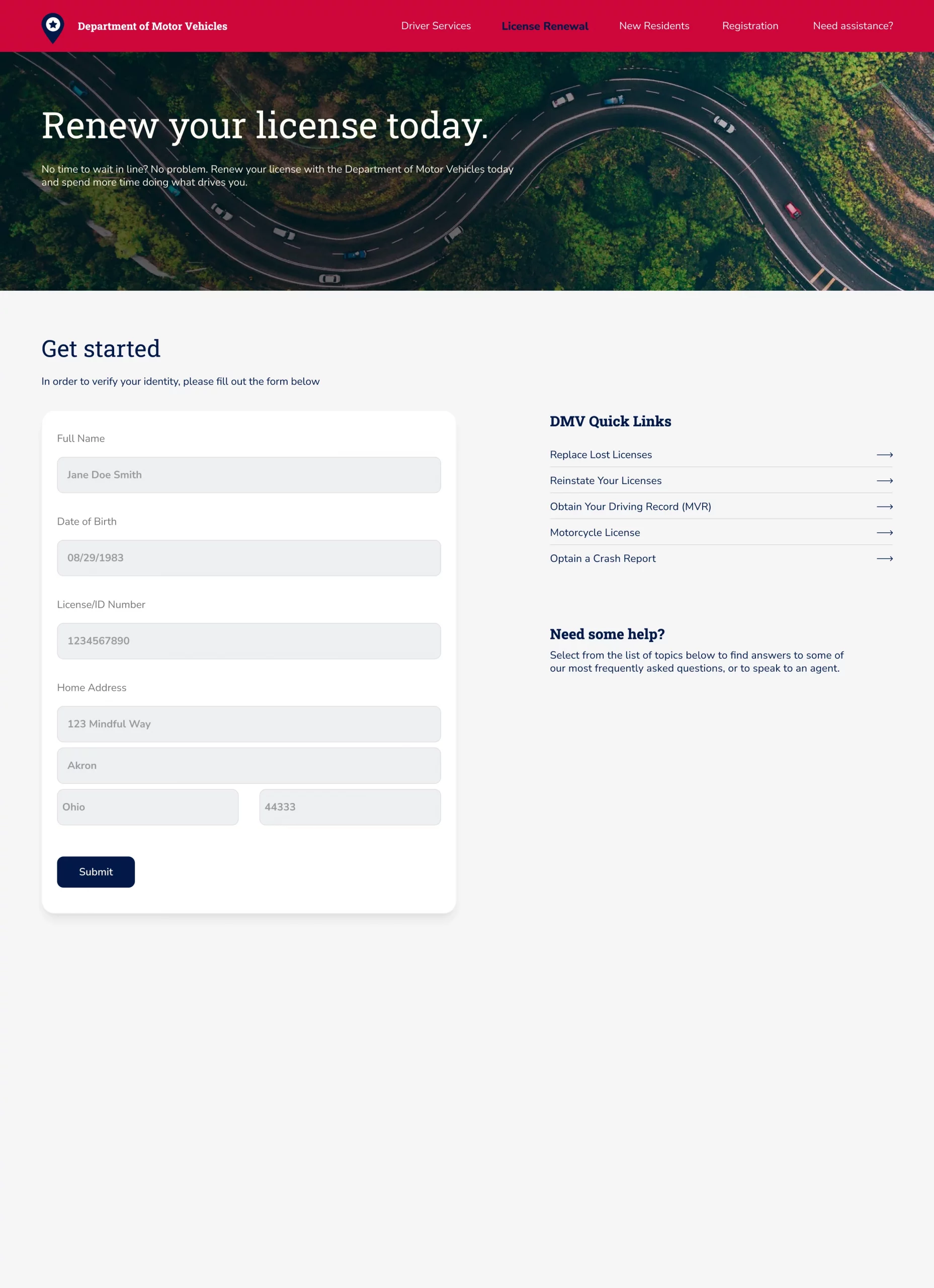 DMV License renewal web page