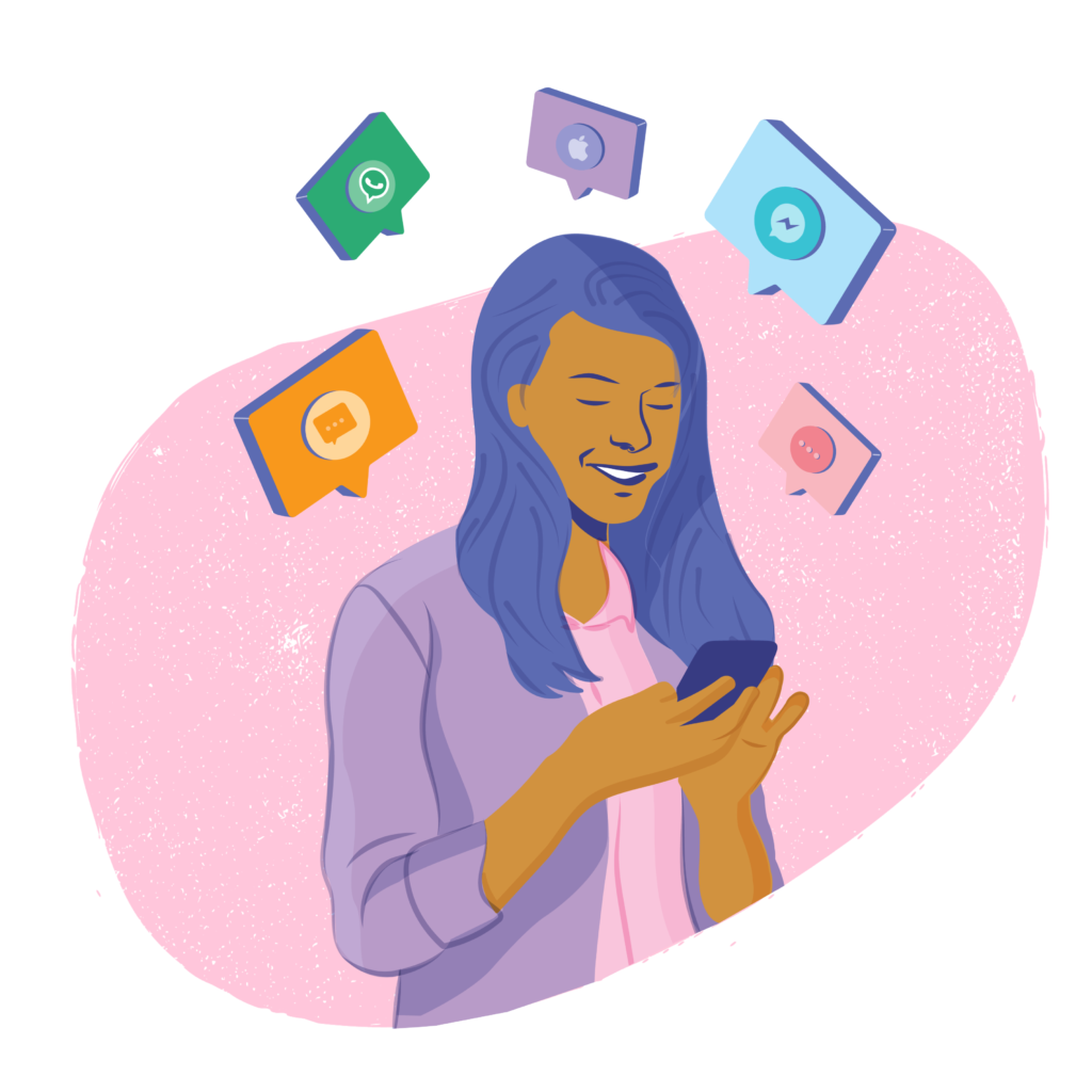 Happy woman holding phone with messaging app icons around her.