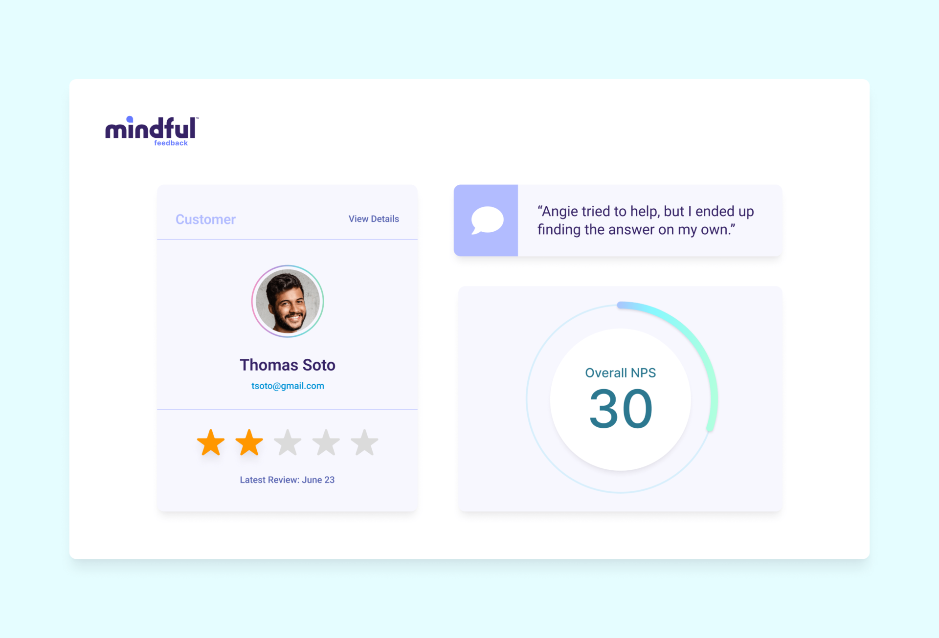 Mindful Feedback dashboard of a customer profile