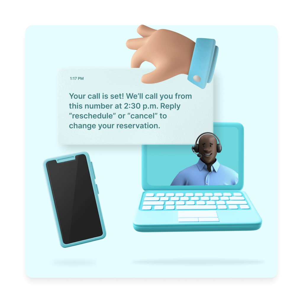 Image of a floating hand moving a notification of callback confirmation from a phone to a call center agent