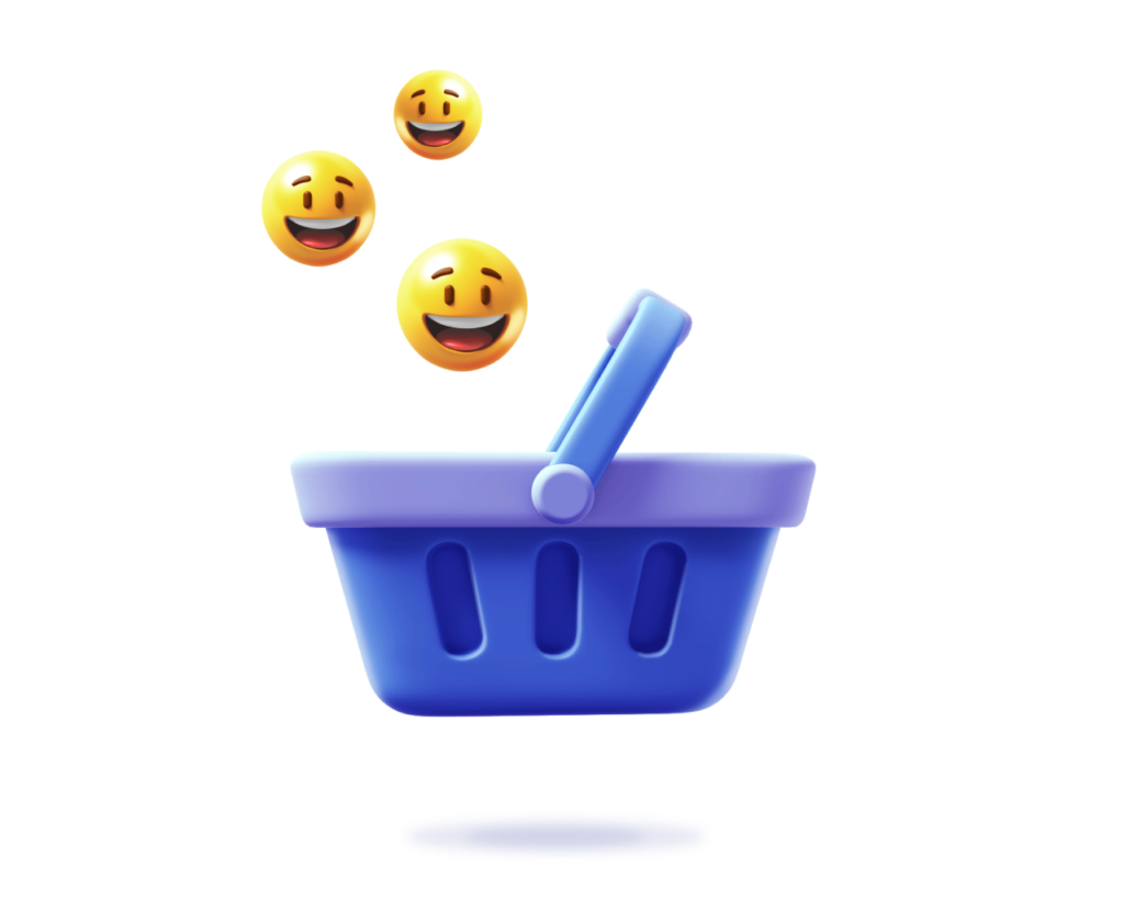 Shopping basket with smile emojis floating out of it.