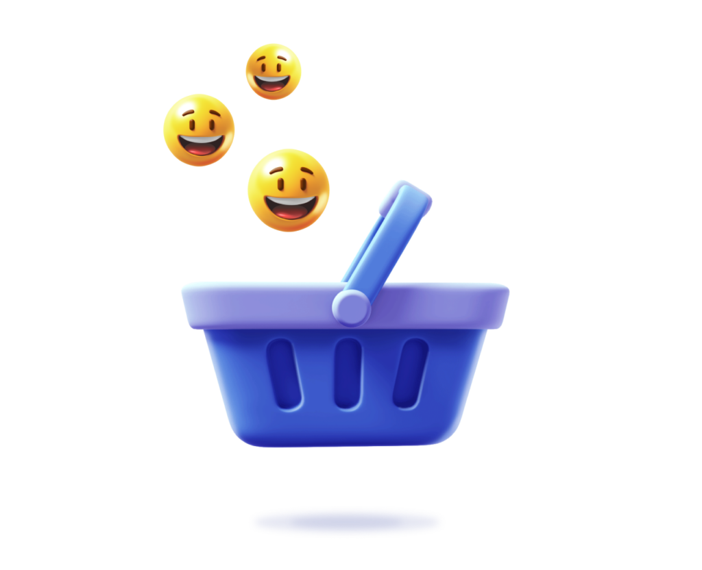 Shopping basket with smile emojis floating out of it.