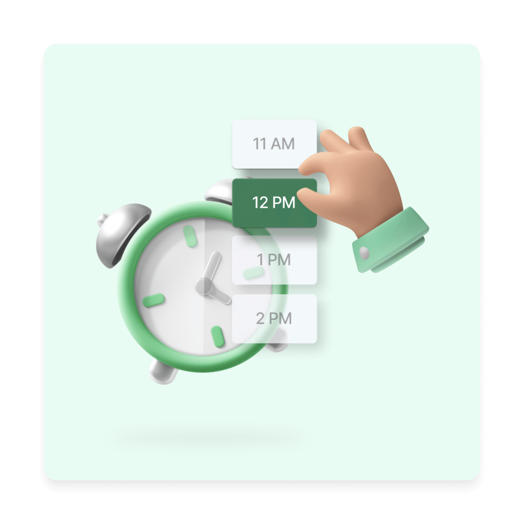 Image of a hand selecting a time, with an alarm clock in the background.