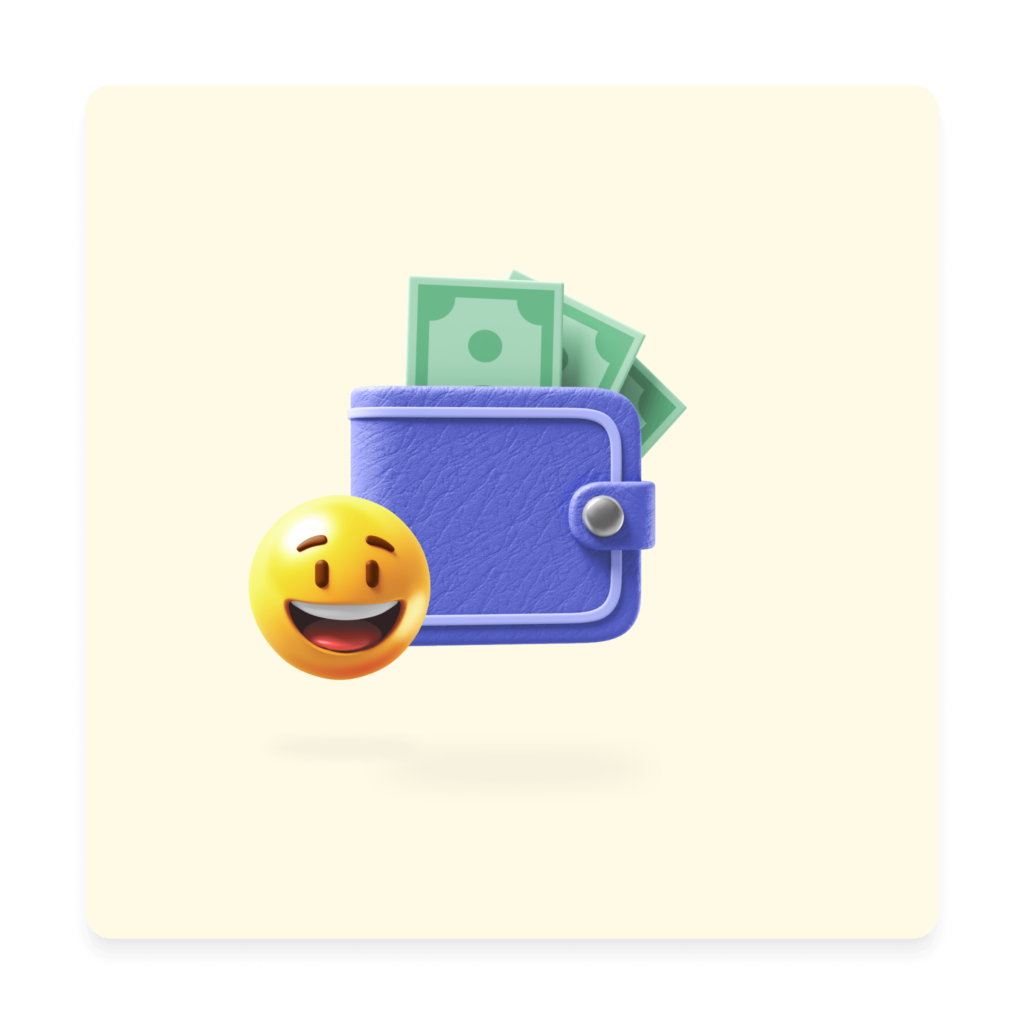 Image of a smiley face emoji and wallet with money coming out of it.