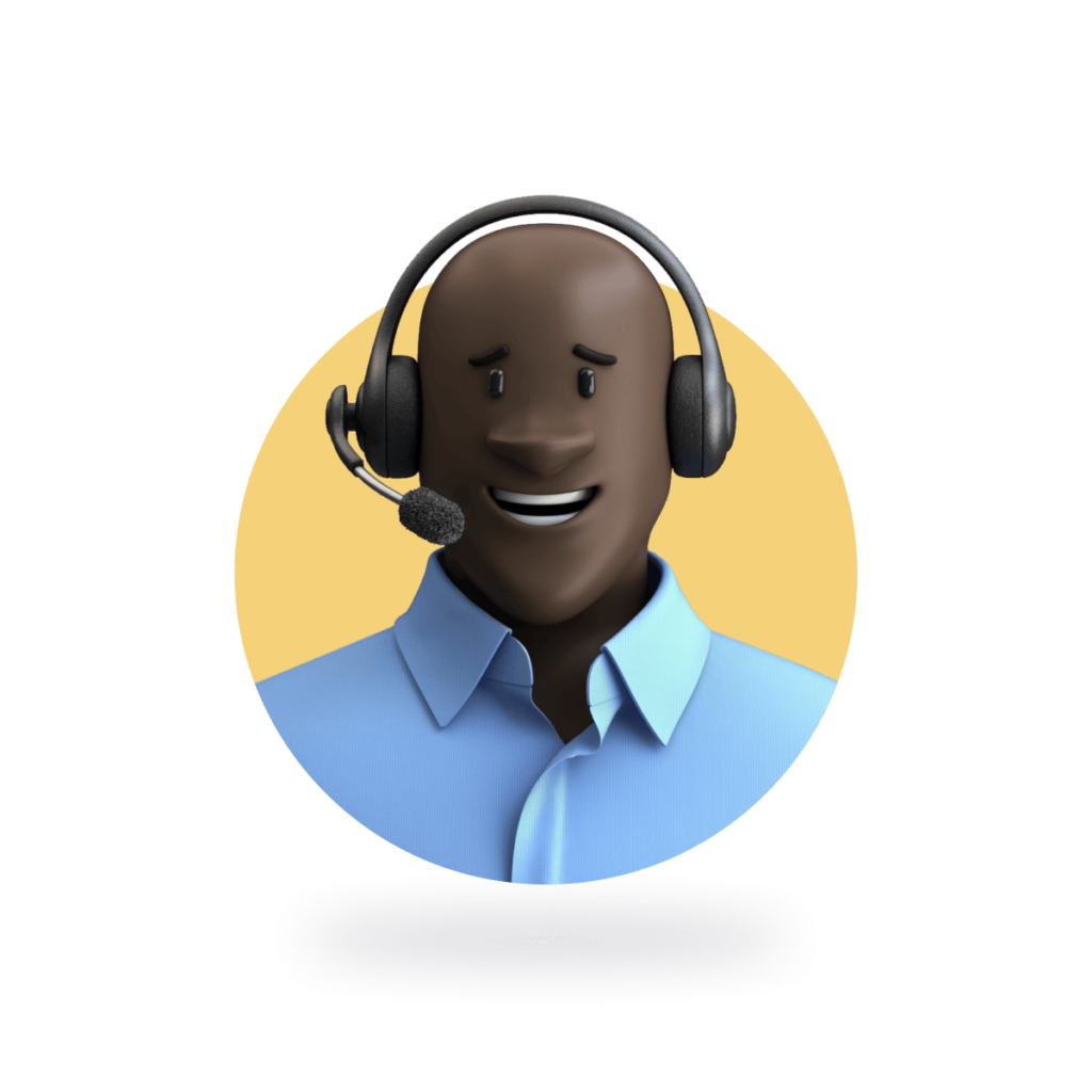 3d illustration of dark-skinned bald man with a headset on, smiling.