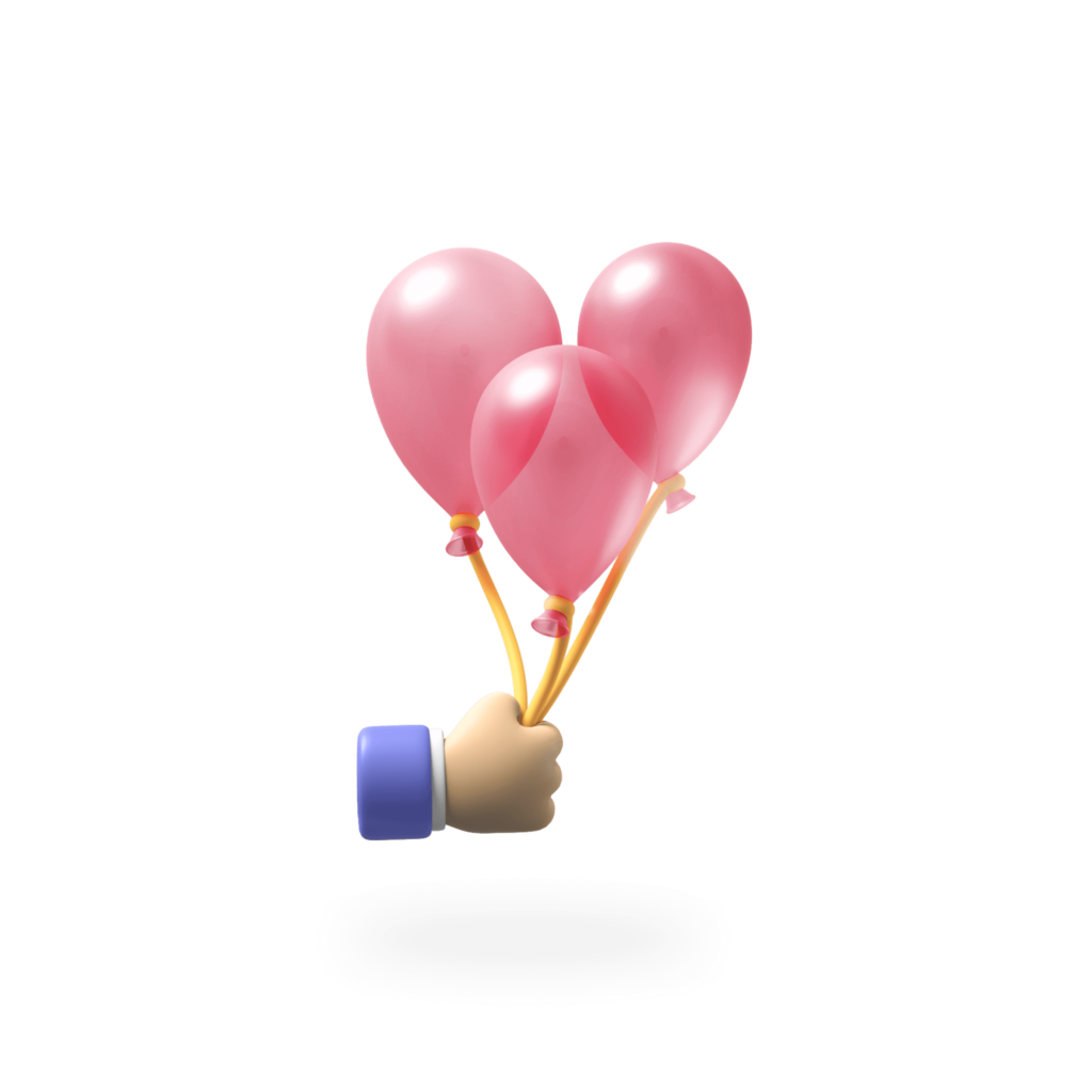 3d illustration of a hand holding 3 pink balloons.