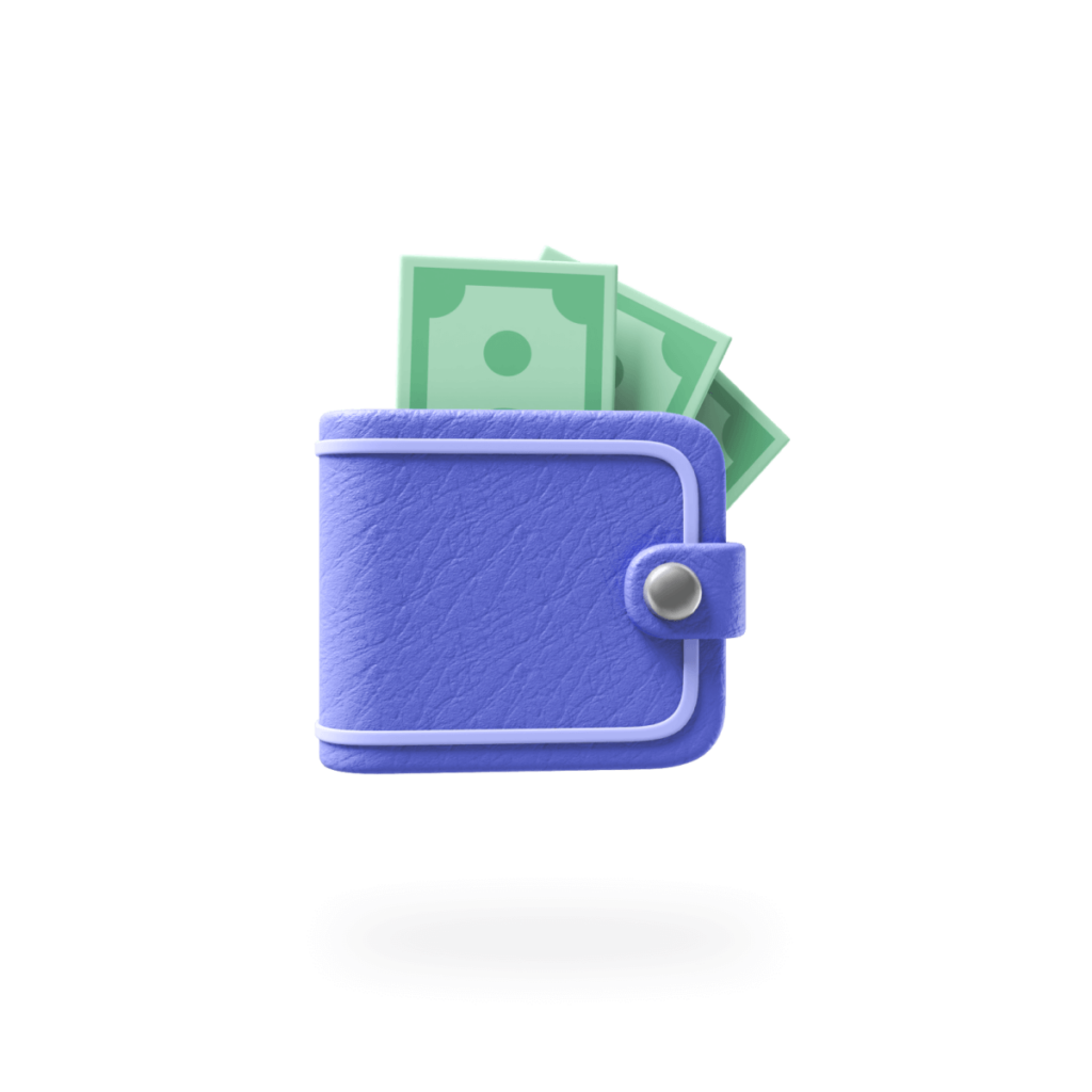 3d illustration of a wallet with money poking out of the top.