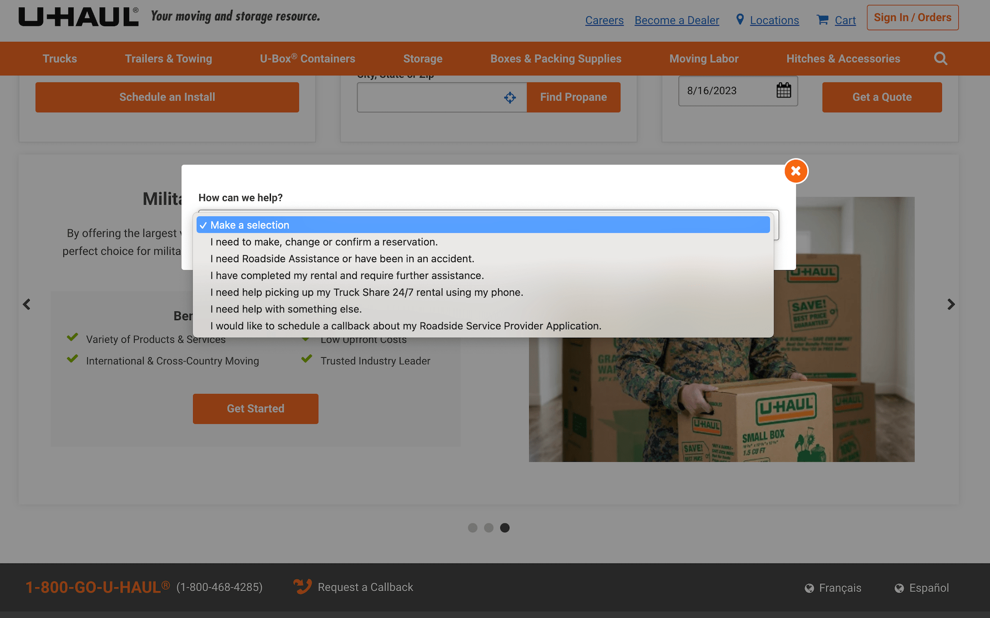 Click-to-call dropdown to select department on U-Haul's homepage